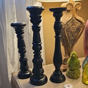 RusticSophisticated Black Candle Holder Trio Brand New Set Of 3 Large Heavy Wood